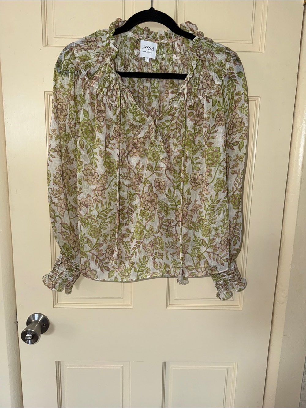 Misa Los Angeles Cream Sheer Floral Blouse with Green Print